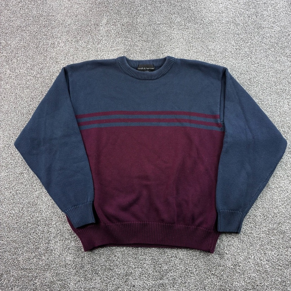 Croft & Barrow Sweater Mens XL Blue Burgundy 100% Cotton Striped Crewneck Chunky